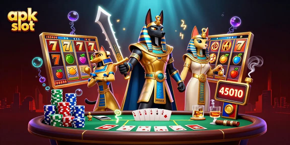 Menghentikan putaran apk slot dengan Anubis dan Bastet dikelilingi oleh simbol jackpot dan poker.