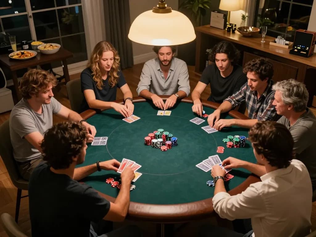 Friends engaged in an intense poker game at home, showcasing the fun of 3win actor.