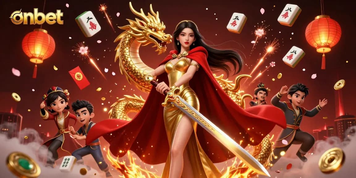 Experience thrilling bets at onbet with a striking warrior queen and golden dragon in action.
