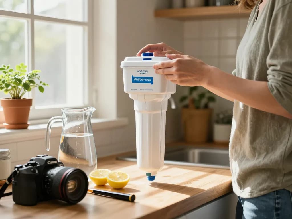 Homeowner replacing Waterdrop Alkaline LT1000PC ADQ747935 Replacement for LG® LT1000P® refrigerator water filter in a bright kitchen.