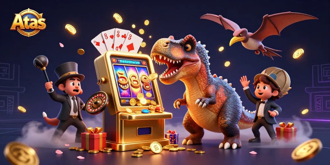 Atas casino features dynamic gaming elements with a dinosaur headbutting a slot machine and coins flying through the air.