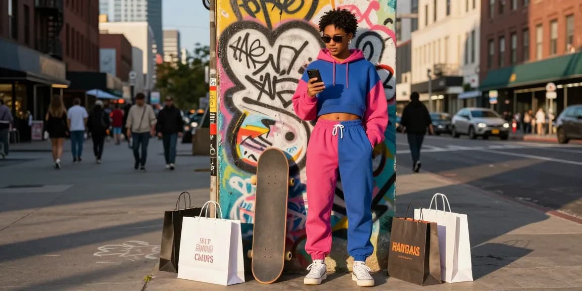 Fashionable individual checking trends at https://shs-dome5.com/ in vibrant urban scene, showcasing modern athleisure style.