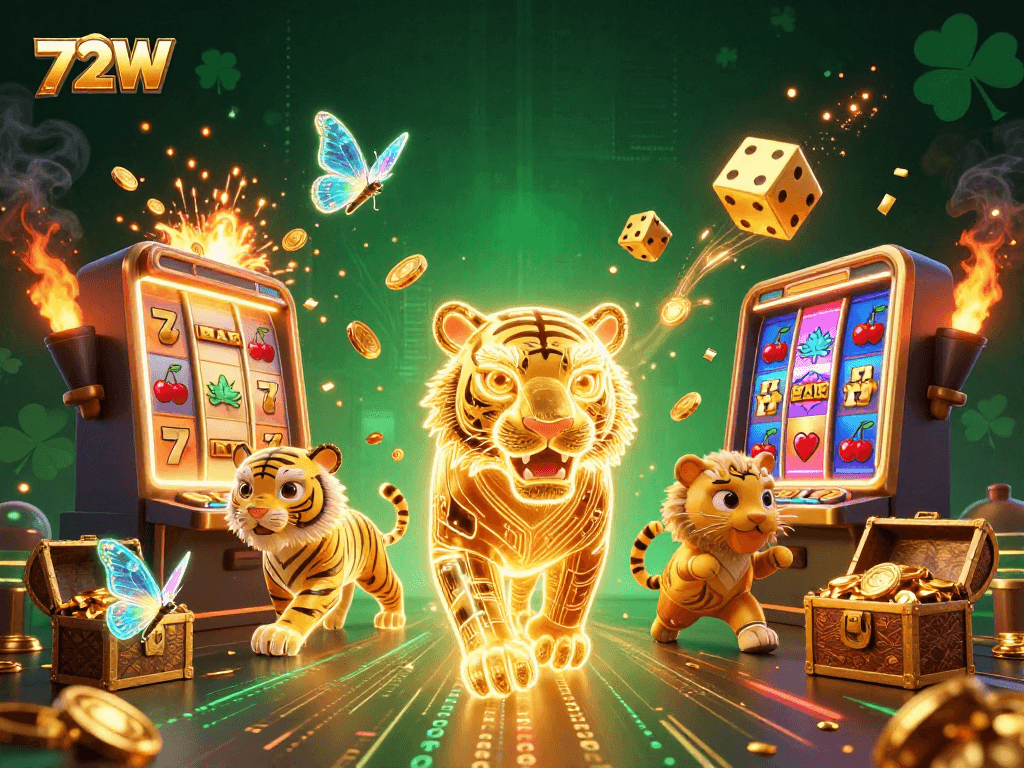 Slot de 72W vibrante com símbolos, luz e energia em um cassino digital