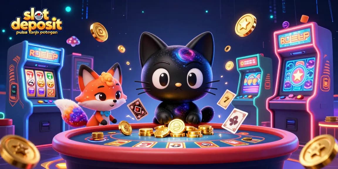 Menyenangkan dengan slot deposit pulsa tanpa potongan, cat galaksi dan fox nebulosa menarik chip emas di meja kasino digital.