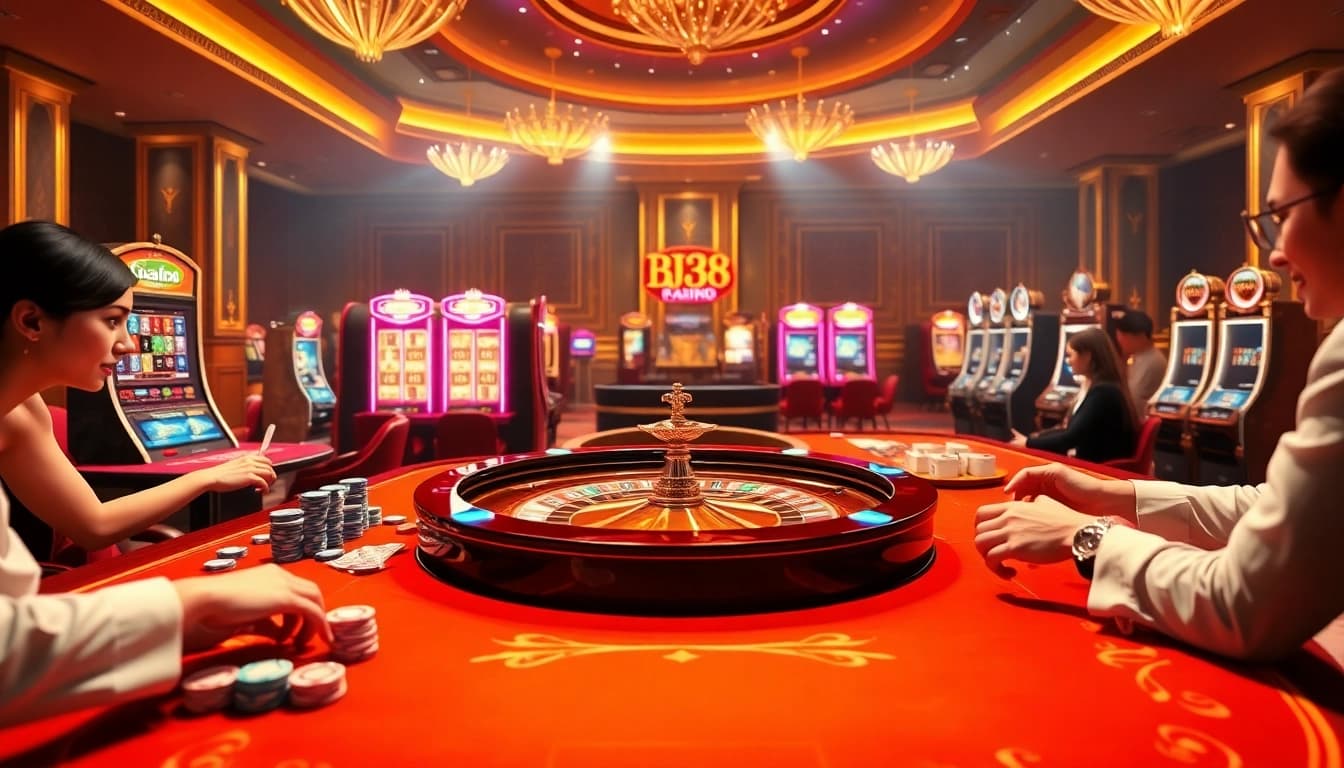 Experience thrilling gameplay at BJ38 with vibrant casino visuals of roulette and poker.