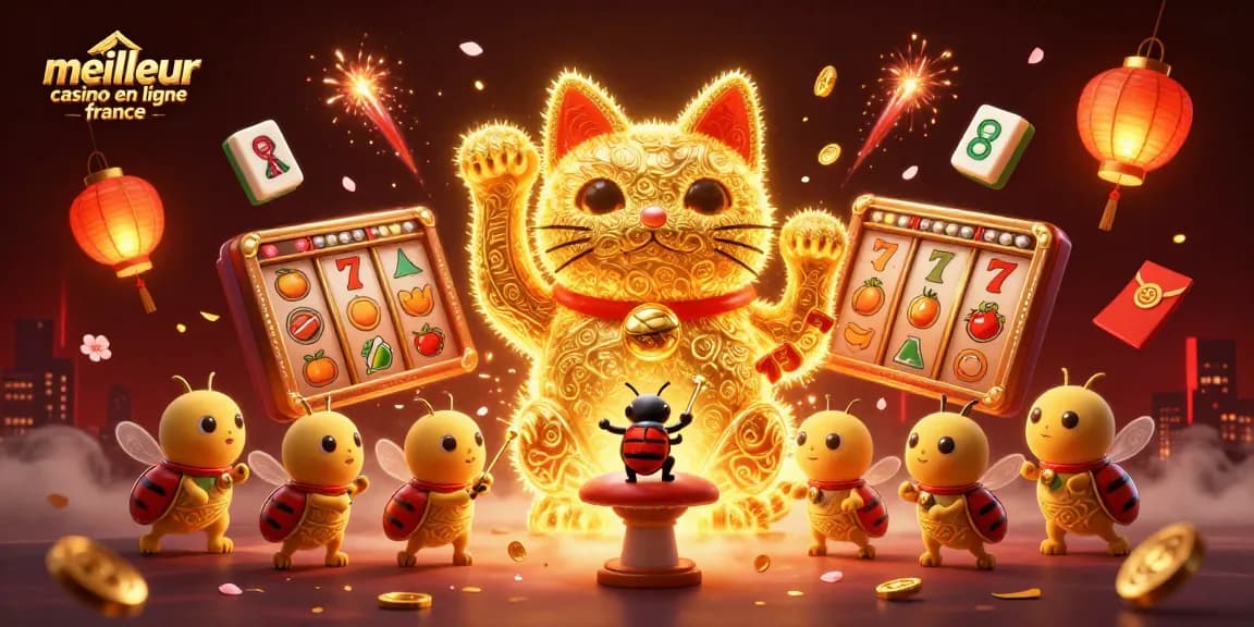 Jouez au meilleur casino en ligne en France avec un chat chanceux animé, symboles de jeux d'argent.