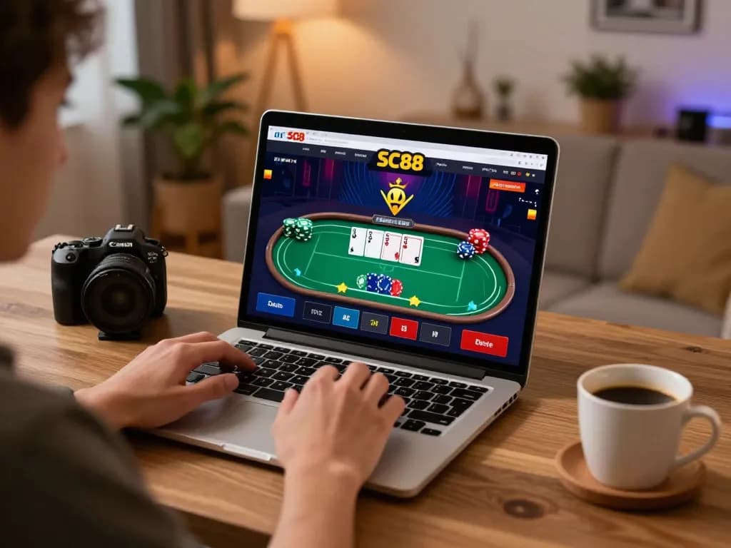 Engaging in poker gameplay on SC88's online platform, showcasing chips and cards during a strategic session.