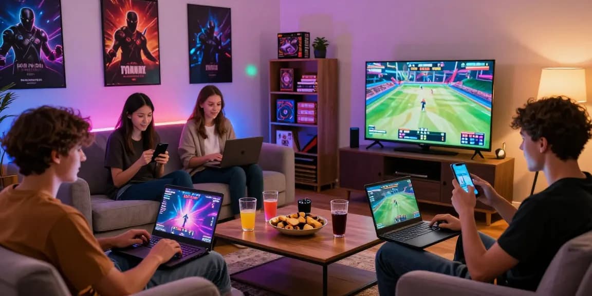Friends enjoying online gaming with raja328 link showcased on screens in a vibrant living room