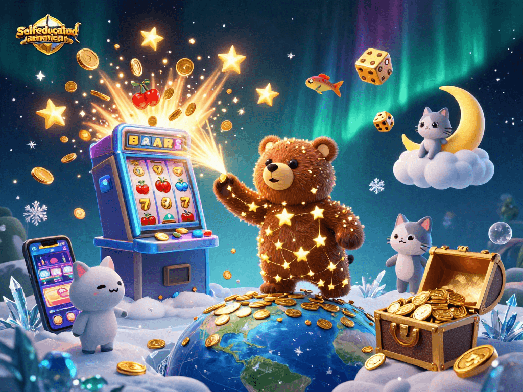 Play games at selfeducatedamerican casino, featuring a constellation bear and slot machine bursting with jackpots.