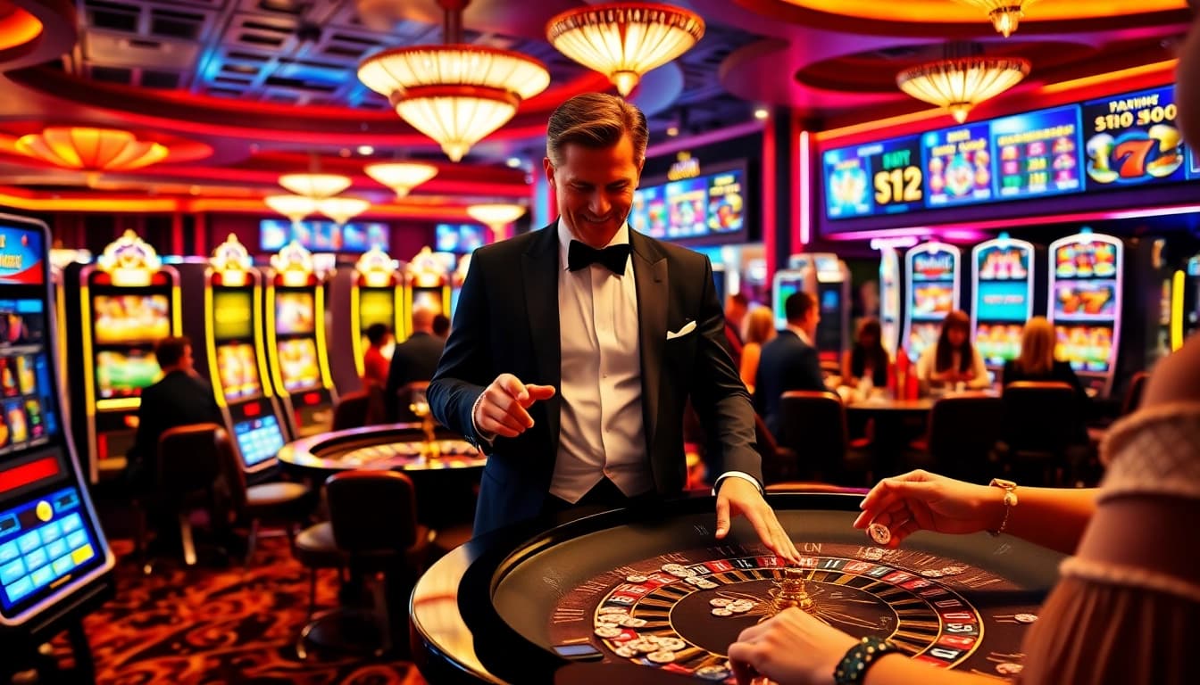Experience the thrill of gambling at Onicplay with slot machines and poker chips in a luxurious casino.