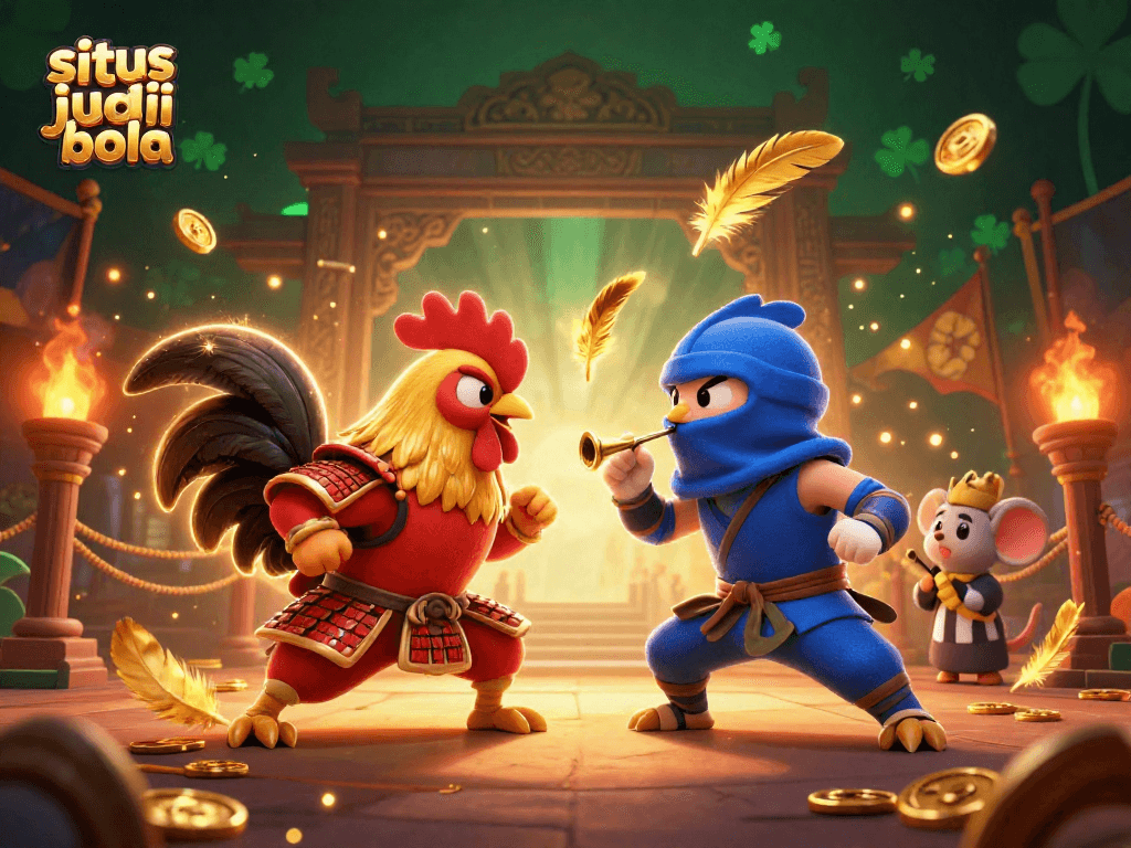 Engage in thrilling situs judi bola action with two roosters battling in an arena