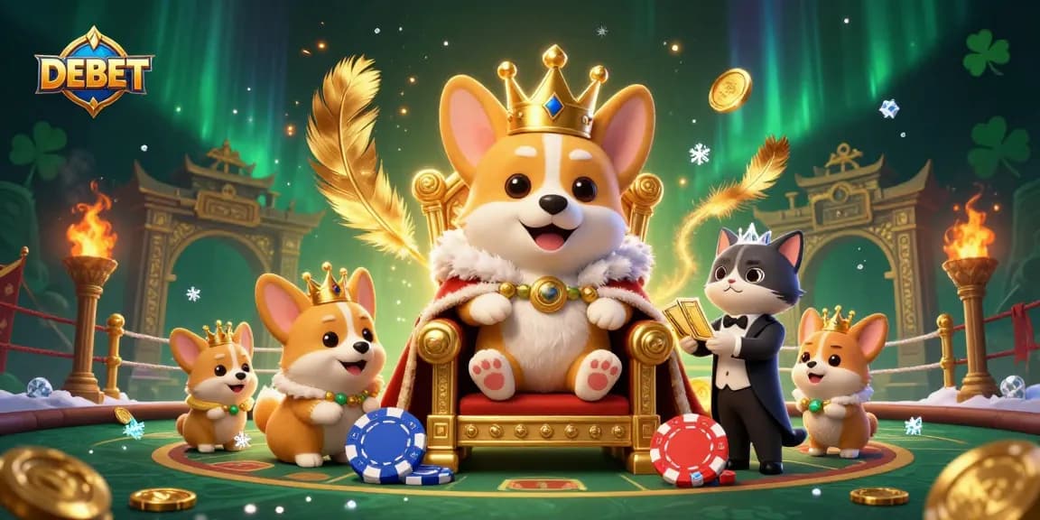 Experience excitement at DEBET casino with a royal corgi and colorful gaming elements in a vibrant illustration.
