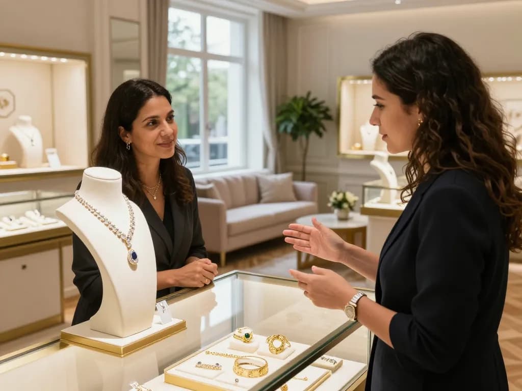 A customer visits an elegant jewelry showroom, exploring beautiful diamond pieces while engaging with a knowledgeable representative.