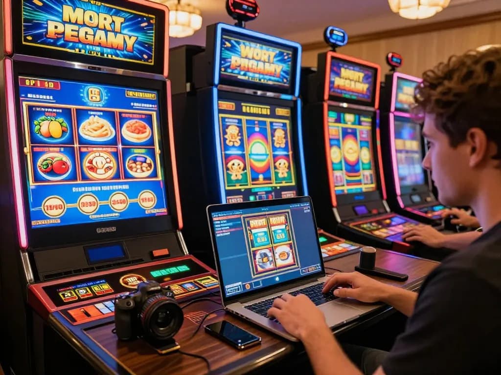 Engaged player enjoys vt88 online casino gaming on laptop amidst vibrant slot graphics.