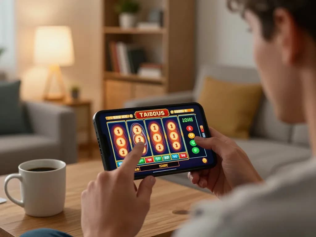 Player engaging with situs gacor slot game on smartphone in a cozy home setup.