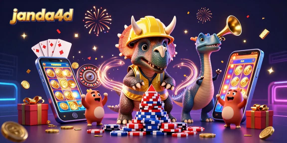 Permainan slot menarik di JANDA4D dengan ilustrasi dinosaurus merayakan keberhasilan di kasino.