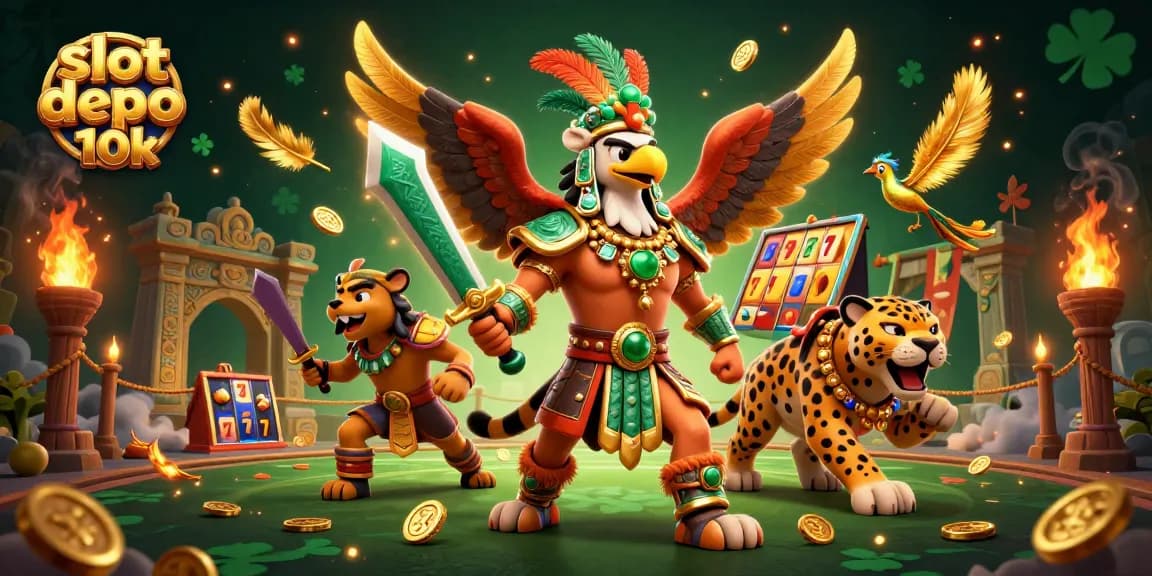 Experience the thrill of slot depo 10k with colorful casino elements swirling around 3D warriors.