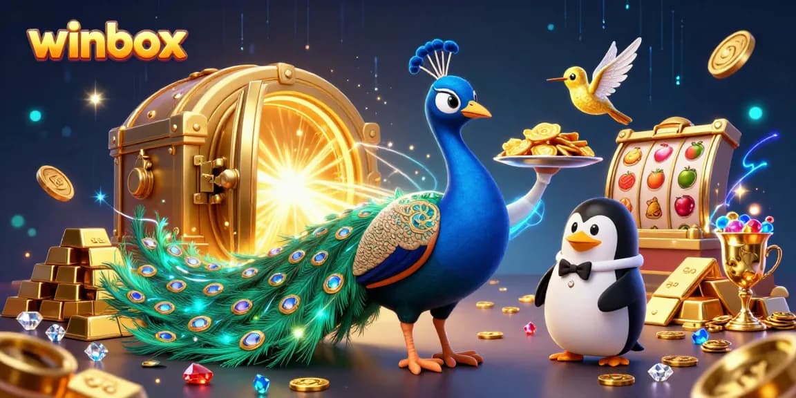 Winbox provides players with a lively casino adventure showcasing vibrant characters amidst golden treasures and slot reels.