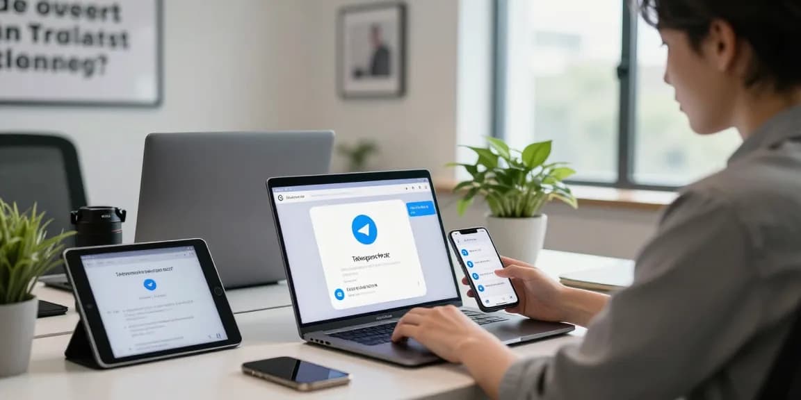 Engaged user interacting with telegram中文 on a laptop in a modern office.