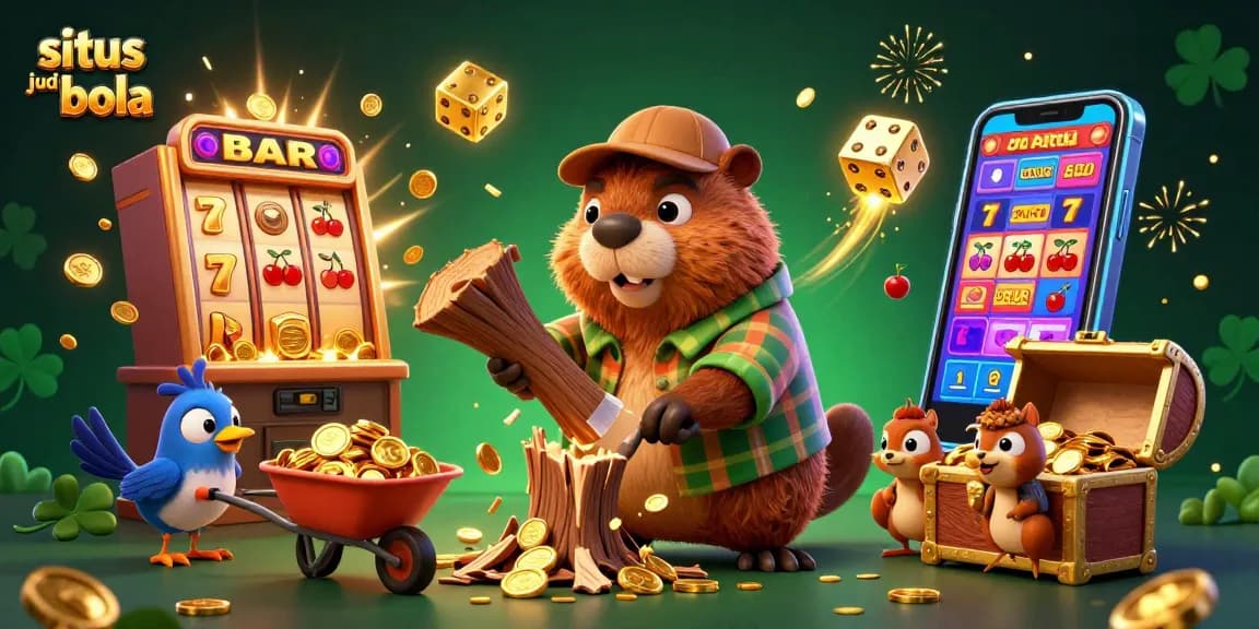 Situs judi bola showcases a lively illustration with a lumberjack beaver, coins raining, and a vibrant casino theme.