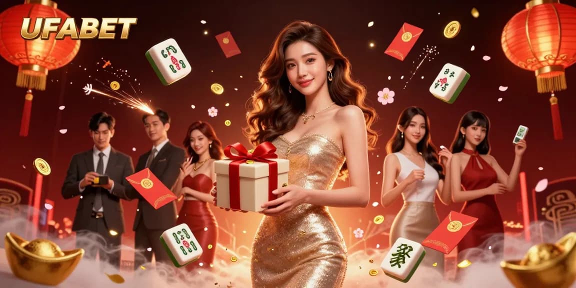 Win big at UFABET with stunning 3D casino scene featuring a celebratory woman and festive elements.