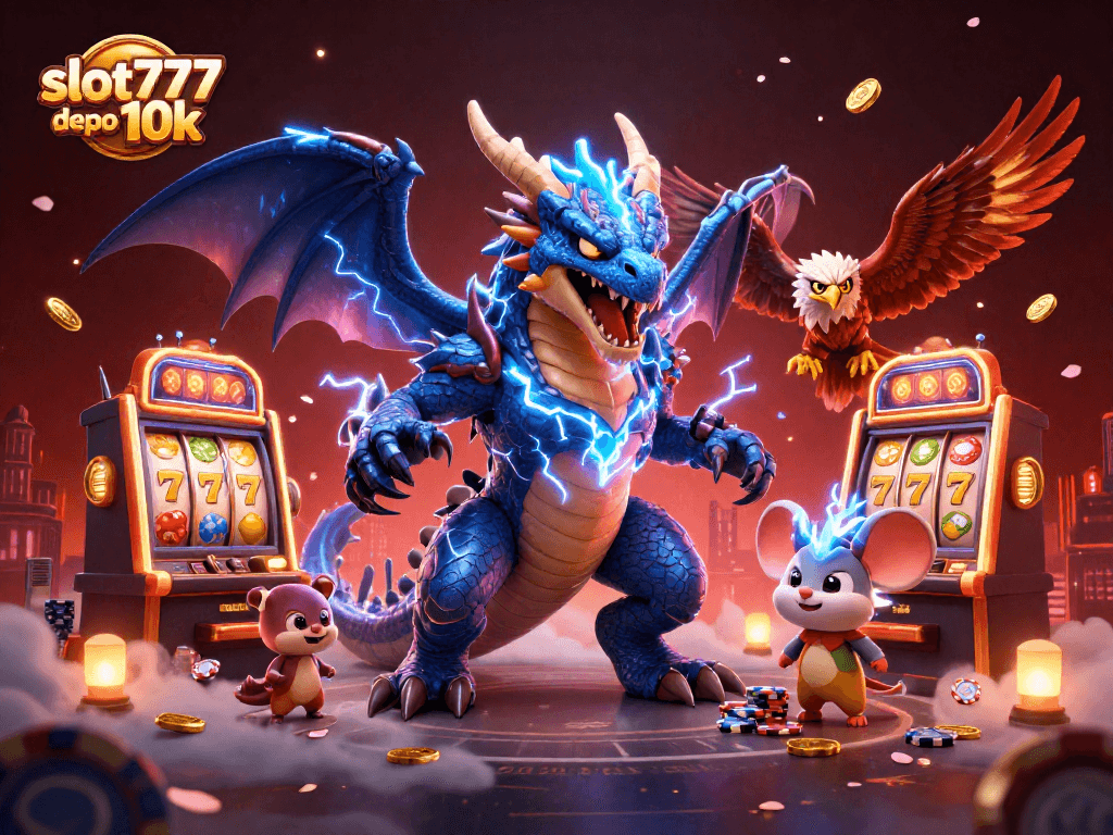 Experience the thrill of slot777 depo 10k with vibrant 3D casino characters amidst rich gambling elements.