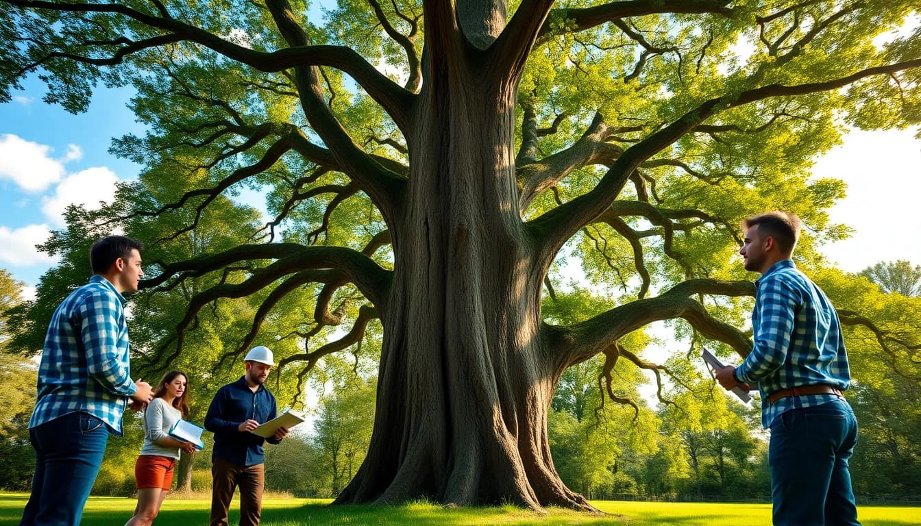 Tree Consultancy experts evaluating a majestic oak tree in a bright, lush park environment.