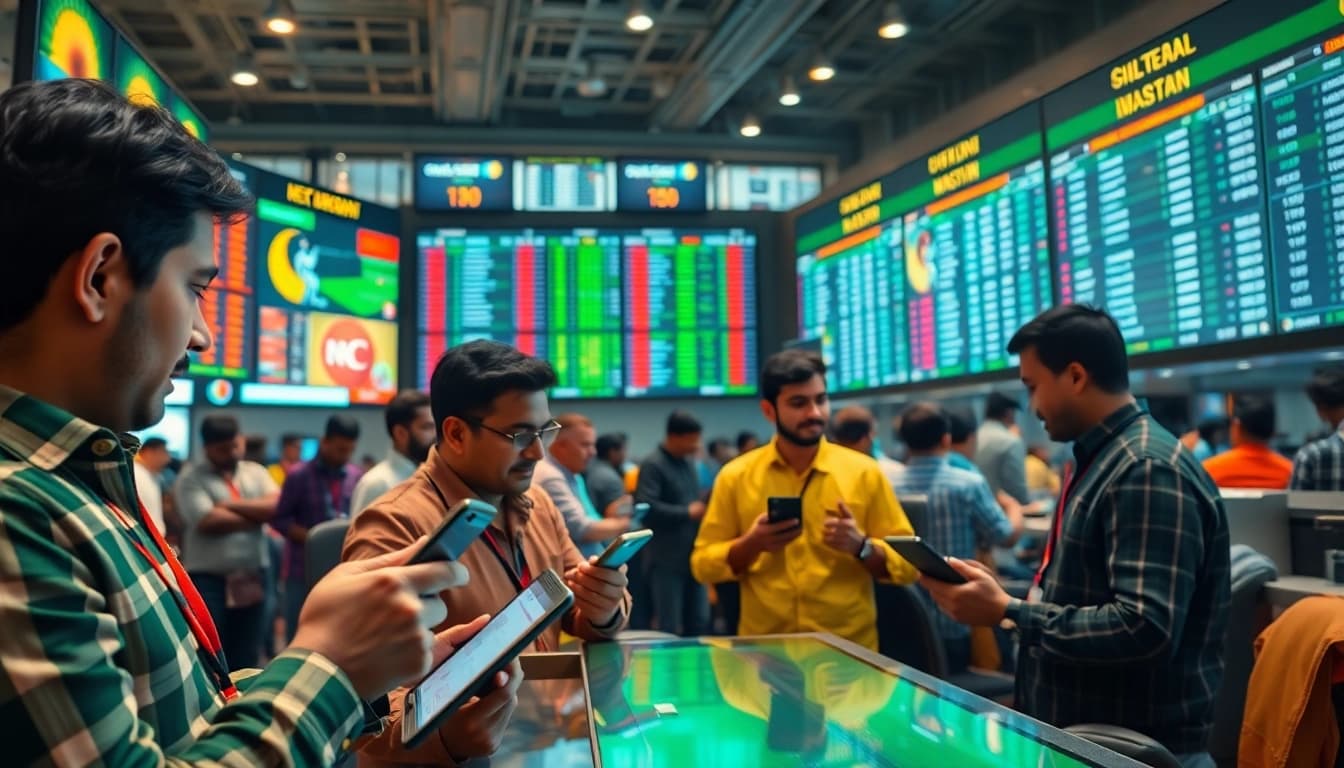 Engaging scene of sports betting in India featuring bettors analyzing odds and sports events.