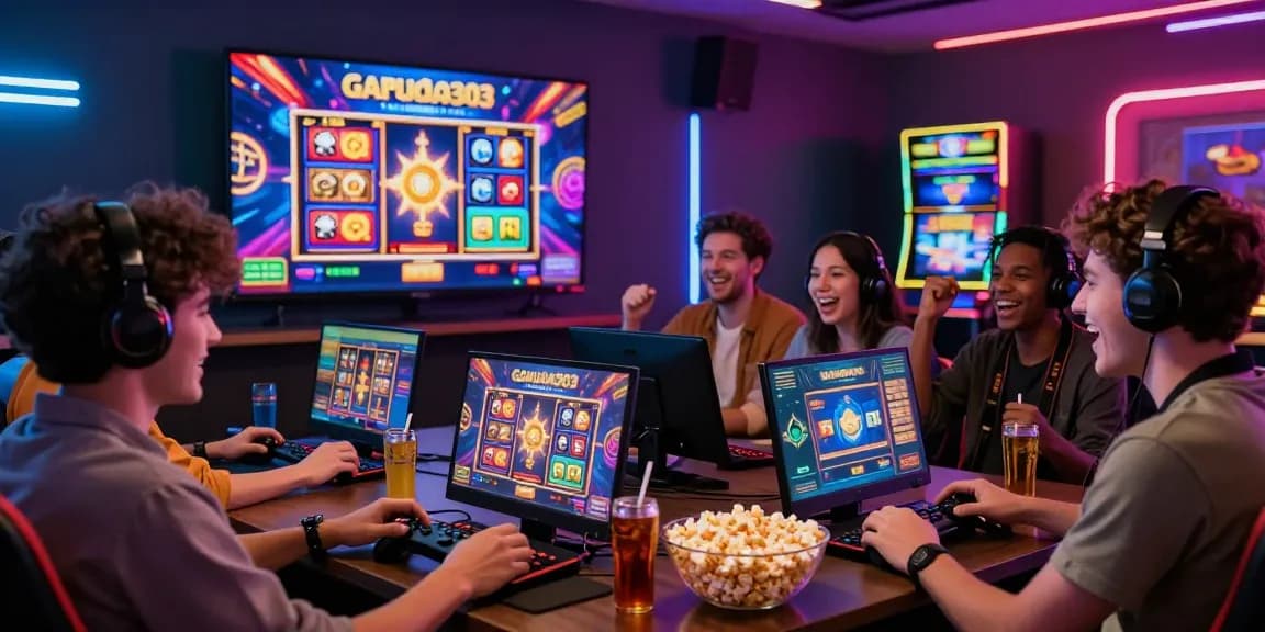 Friends enjoying Garuda303 online betting with slot games on a large screen, vibrant atmosphere.