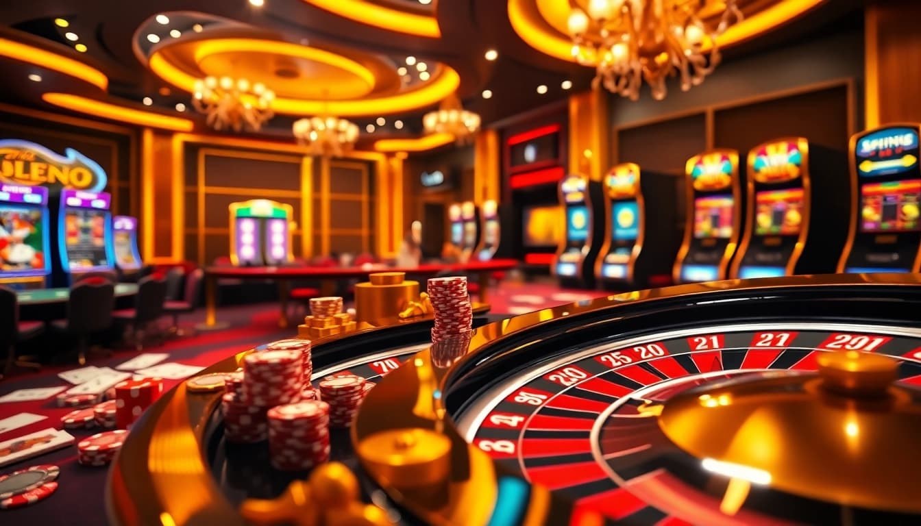 Participez à l'excitation du casino en ligne Français 2026 avec des tables vibrantes et des jetons colorés.