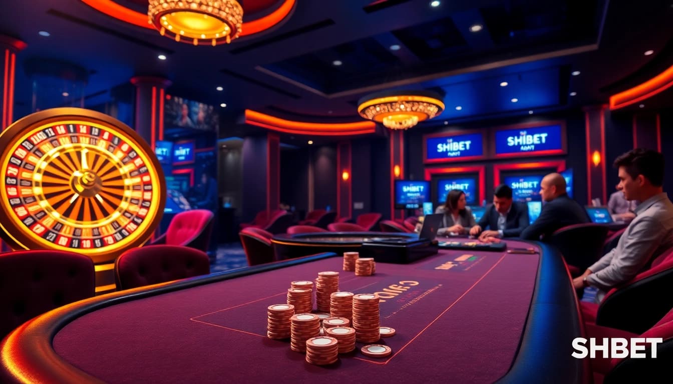 Experience the excitement of SHBET with a vibrant casino table and dynamic gameplay elements.