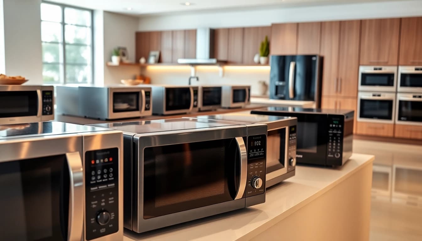 Showcase of microwave oven sales with stylish designs and modern kitchen decor.