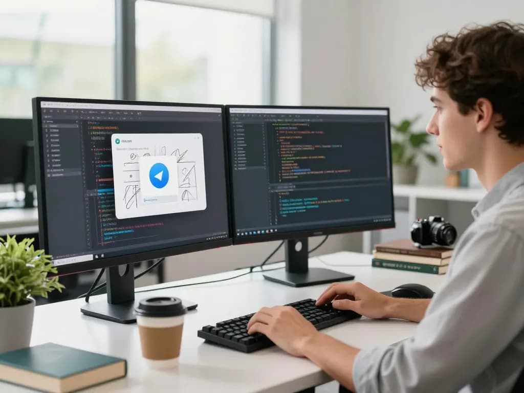 Dynamic workspace with a developer using Telegram 下载 on dual monitors and engaging in coding activities.