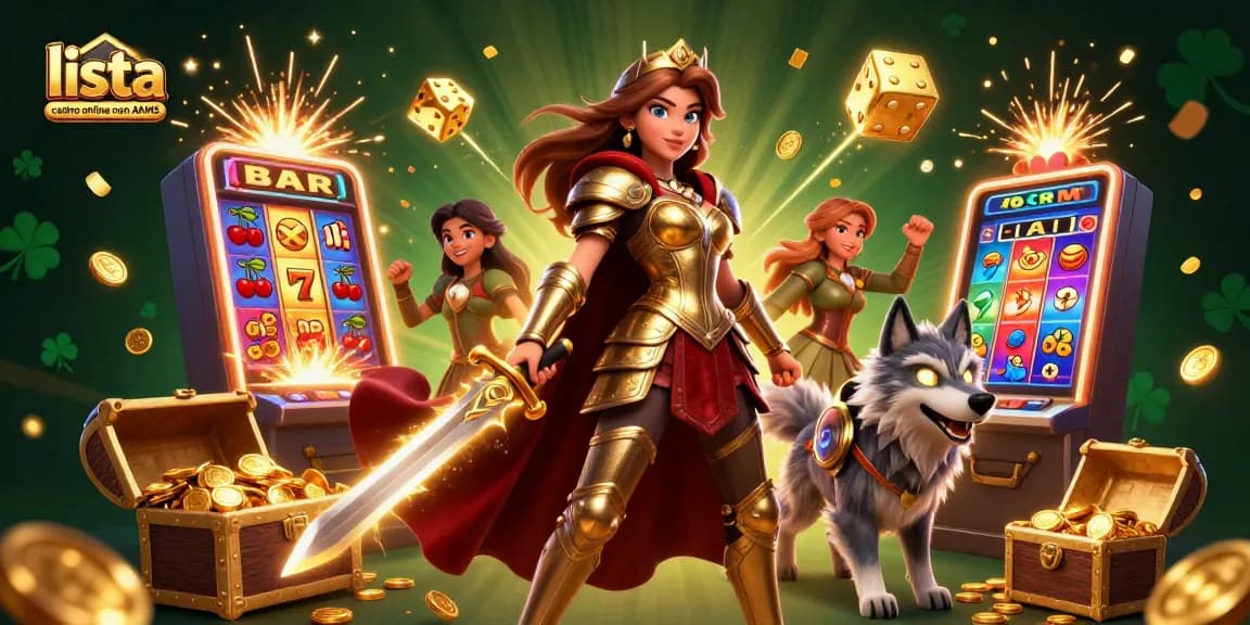 Vivete l'emozione di lista casino online non AAMS con una scena 3D dinamica che presenta slot machine vincenti e una potente regina guerriera.