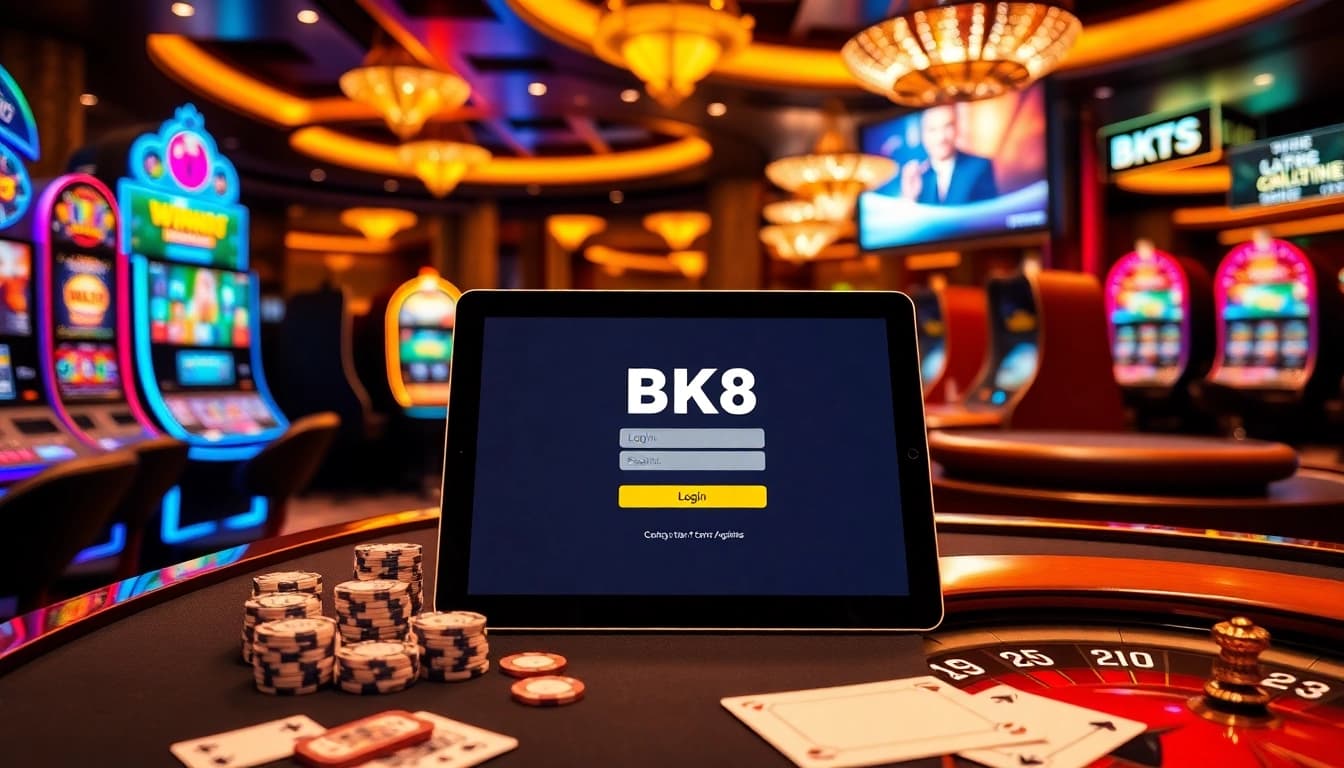 Login to BK8 Casino with a modern interface surrounded by poker chips and vibrant gaming elements.