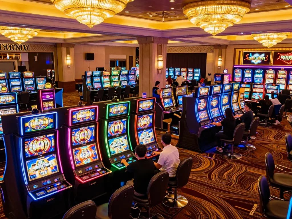 Situs slot players engaging with colorful machines in vibrant casino atmosphere, showcasing excitement and gaming diversity.