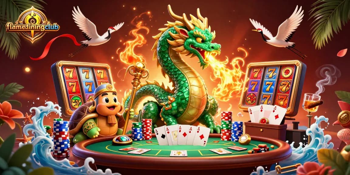 Experience thrilling slots with flamediningclub, featuring a majestic dragon and vibrant casino elements.