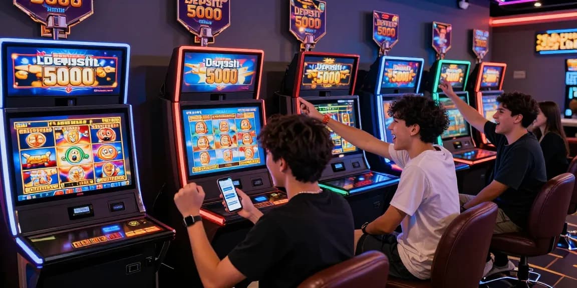 Exciting players enjoying slot depo 5000 games in a vibrant gaming lounge atmosphere.