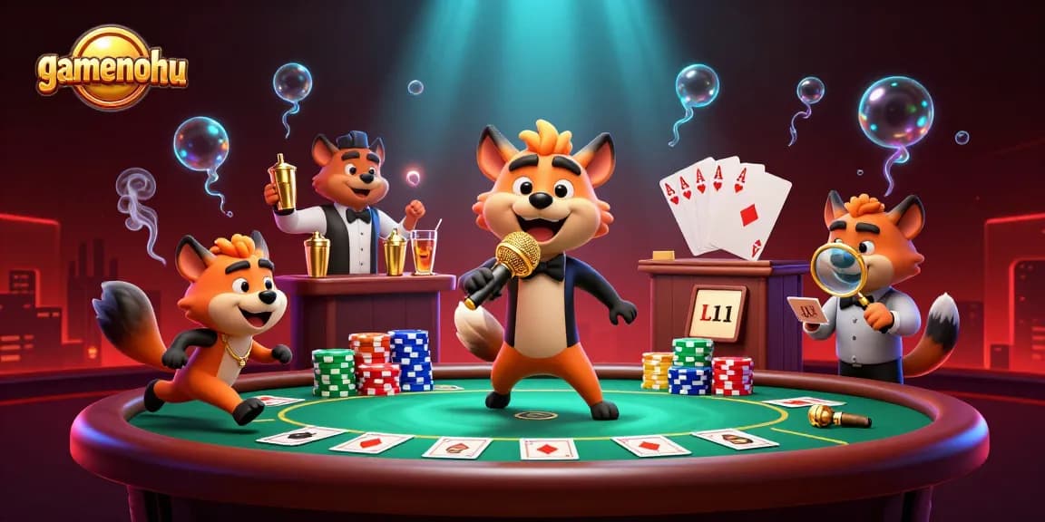 Experience gamenohu with a vibrant comedy casino illustration featuring hyenas and poker elements.