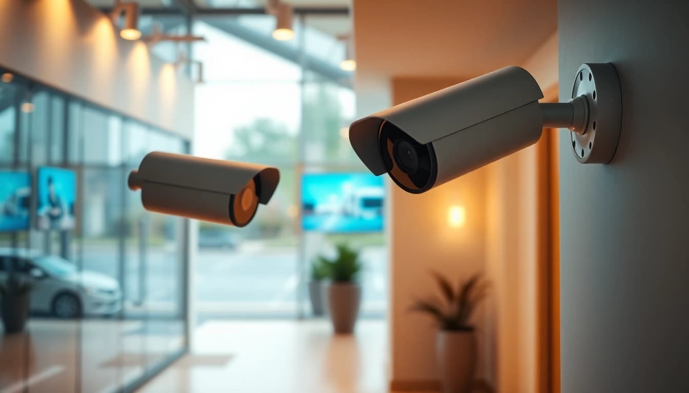 Cámaras Hikvision que monitorizan una zona residencial y empresarial moderna para la seguridad.