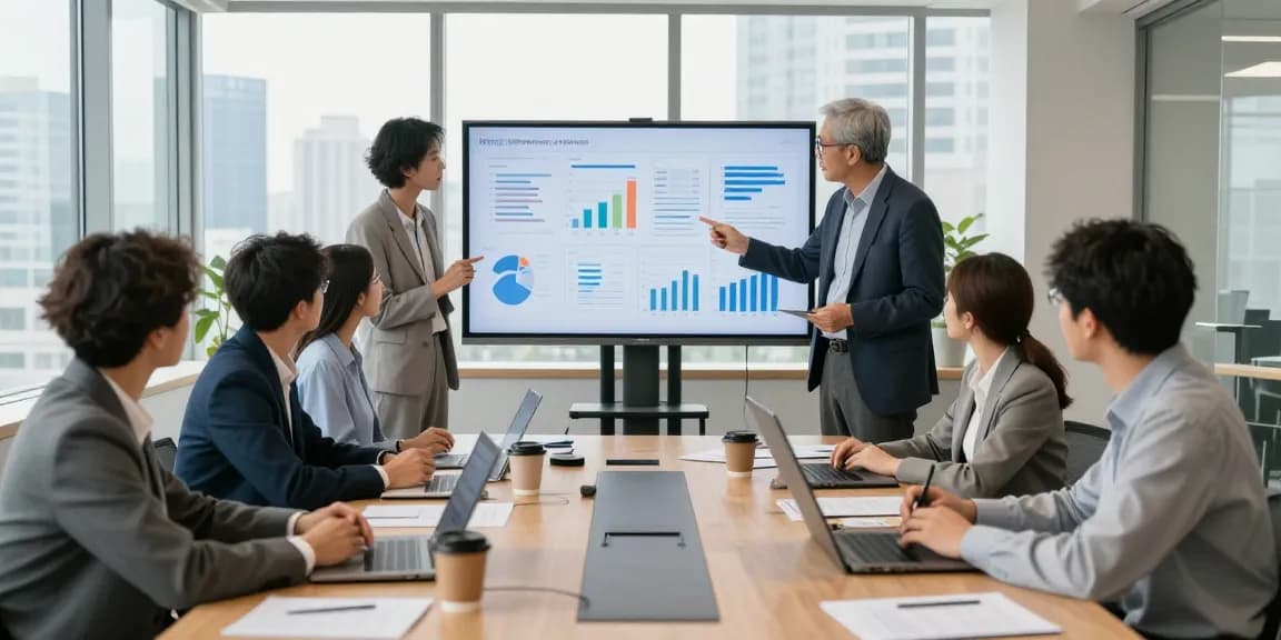 Business meeting showcasing MBM strategies with diverse professionals collaborating over data and charts.