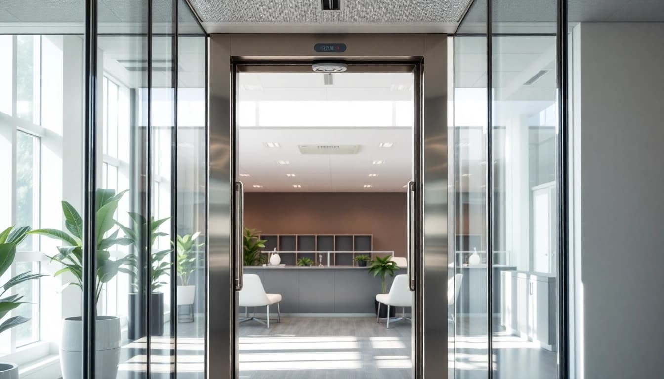 Showcase of Commercial Automatic Doors in a modern office environment with natural lighting.