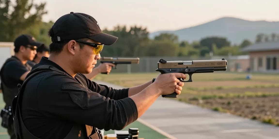 Gun enthusiast using a custom Glock slide from precisionglockslides.com at the shooting range.