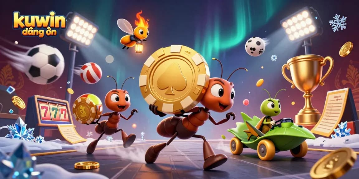 Experience kuwin đăng nhập excitement with animated ants carrying a giant poker chip in this dynamic casino scene.