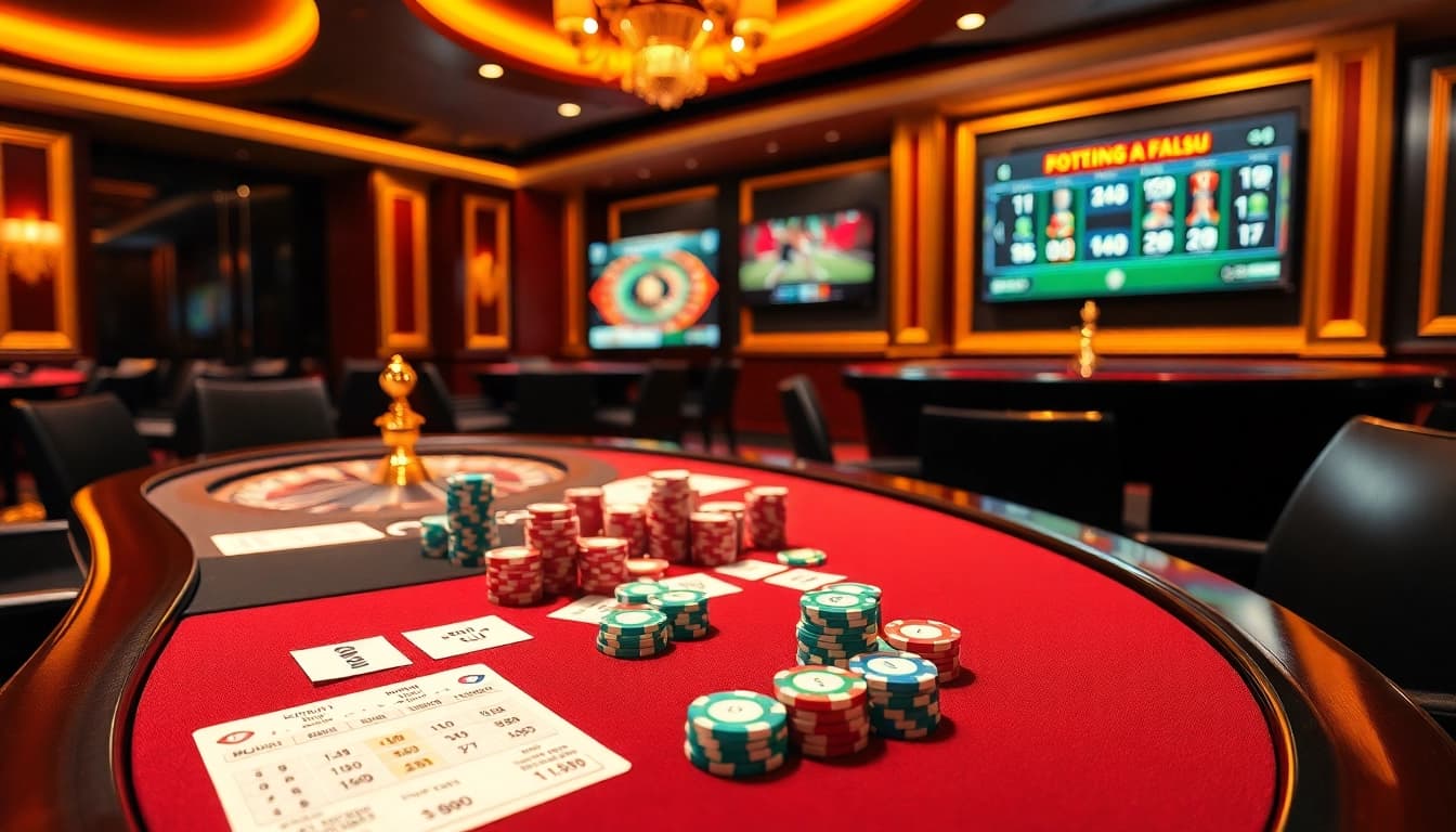 Dynamic scene of football betting on Bong da lu with poker chips and live scores.