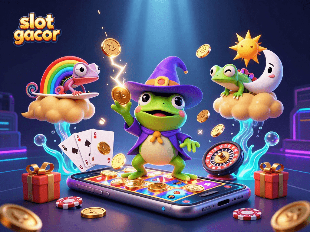 Experience the thrill of slot gacor with golden coins, vibrant characters, and engaging gaming elements in a dynamic 3D illustration.