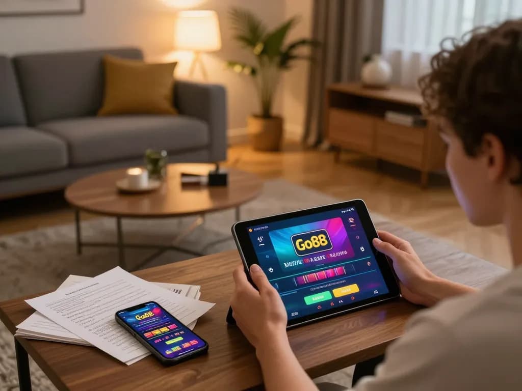 Tham gia ứng dụng casino trực tuyến Go88 trên máy tính bảng trong không gian ấm cúng, thể hiện việc đánh bạc có trách nhiệm trong hành động