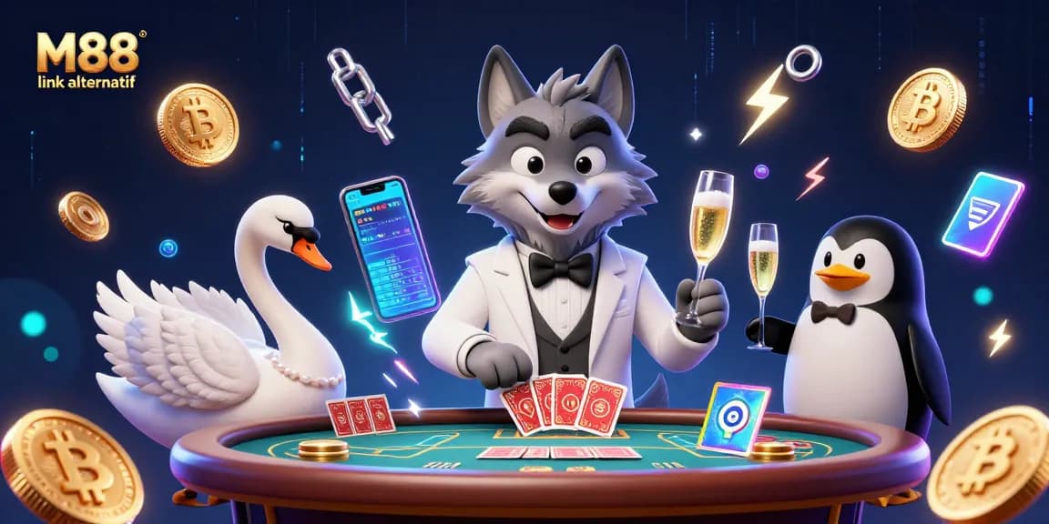 Engage with M88 link alternatif featuring a debonair wolf, swan dealer, and penguin sommelier amidst vibrant casino elements.