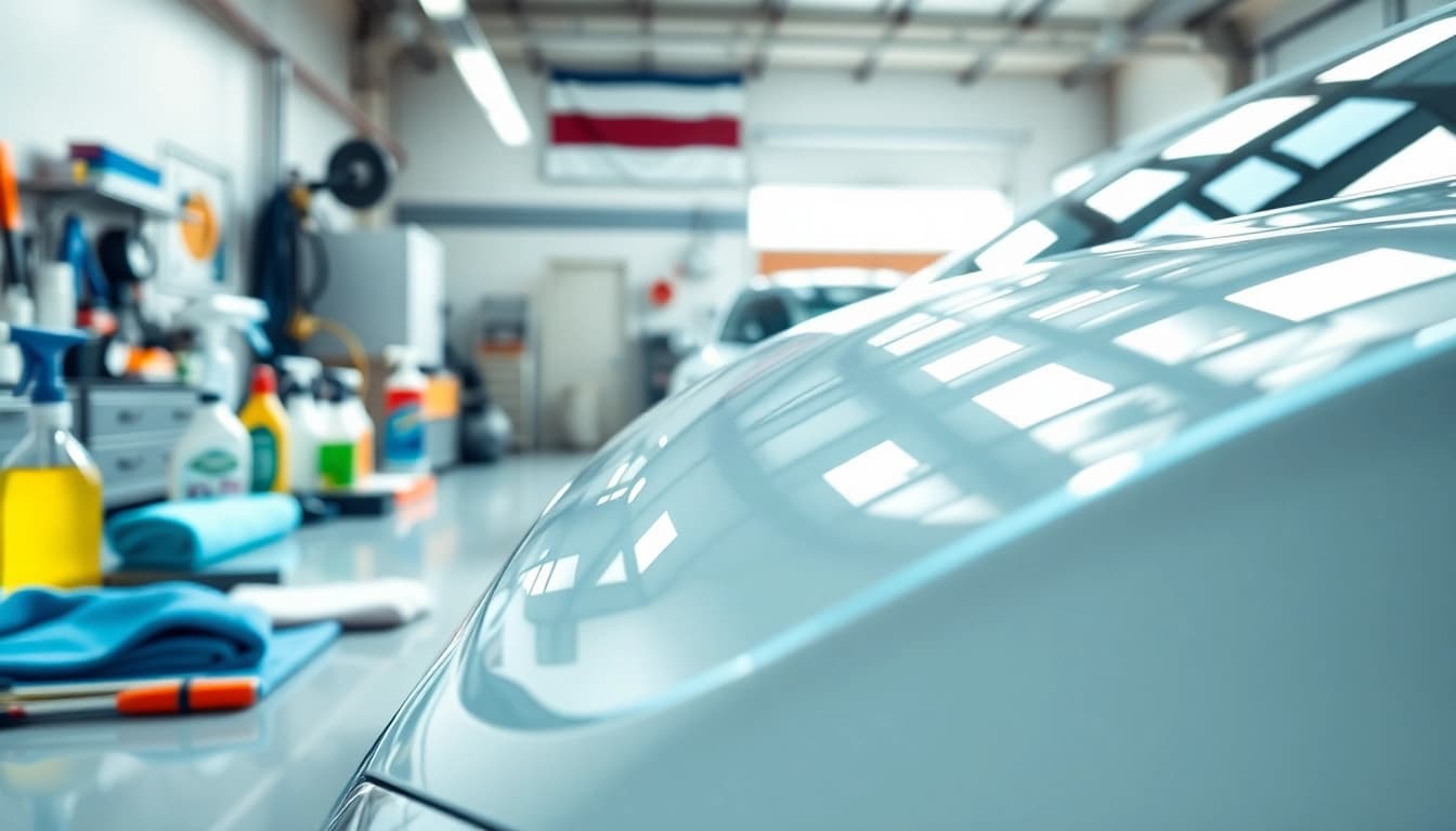 Efficient car detailing near me showcasing a professional setup and gleaming vehicle.
