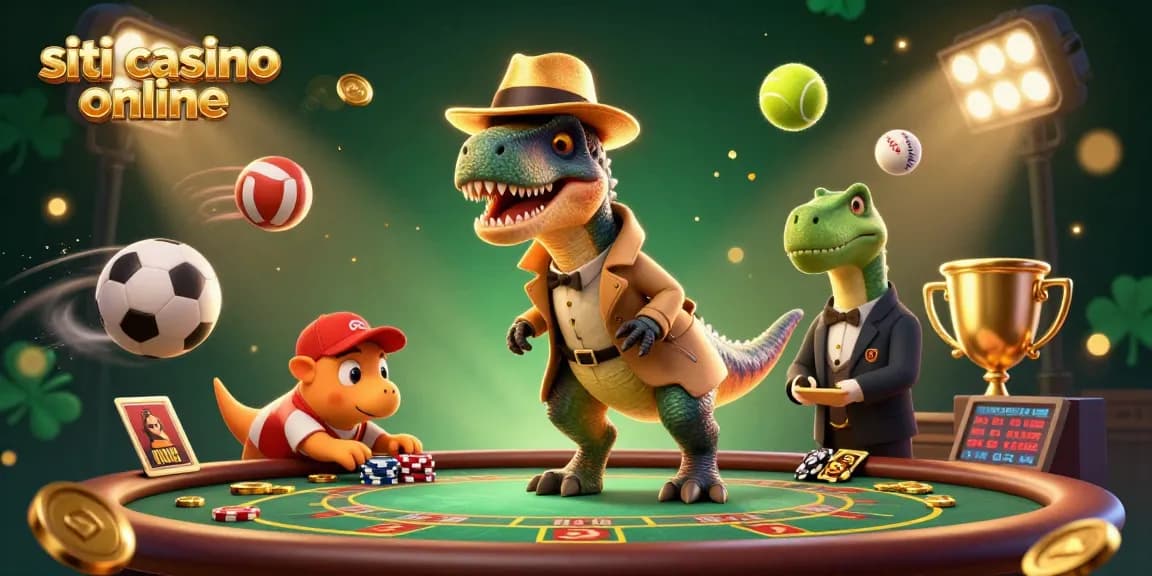 I migliori siti casino online in un'illustrazione vivace con un velociraptor al blackjack e luci scintillanti.